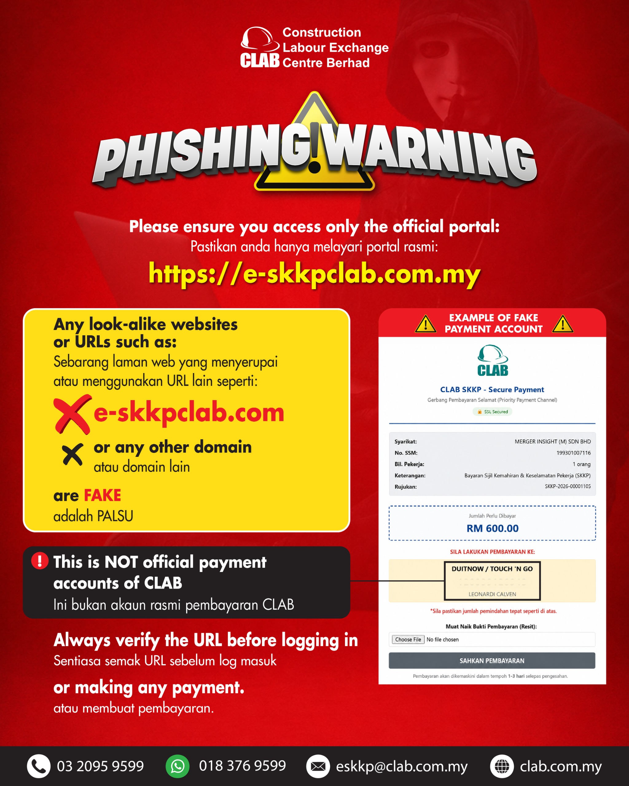 Phishing Warning — only https://epkk.com.my is the official CLAB portal